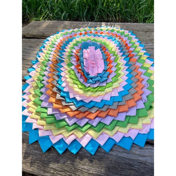 Vintage 1960s Linen Fabric Pleated Rag Accent Oval Rug MOD - Picture 13 of 16